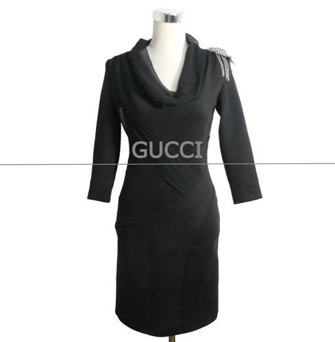 GUCCI Abito donna nero manica tartaruga off lunghezza ginocchio con accento spilla Aut