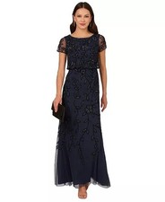 Adrianna Papell Size 6 Petite Navy Beaded Blouson Cocktail Dress Formal Gown NWT