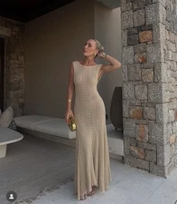 ZARA NWT WOMAN SS25 LONG LACE DRESS DARK STRAW 1058/160 SIZE S