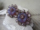 Vintage MIRIAM HASKELL Gold Tone Lavender Glass Rhinestone Floral Clip EARRINGS