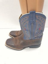 Ariat Kids QuickDraw Brown Blue Leather Square Toe Cowboy Boots Size 4 EUC