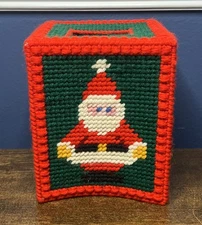Vtg Needlepoint Christmas Santa Claus Handmade Tissue Box Cover Plastic Canvas