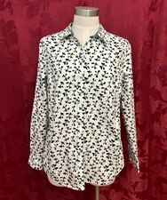 CHARTER CLUB Shirt Shop Black Bow Print 100% Cotton Button Up Blouse  size 8