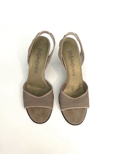 Vintage YSL Yves Saint Laurent Taupe Mesh Slingback Stiletto Heels Size 7 - Picture 6 of 13