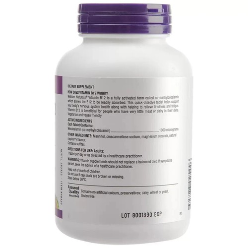 Webber Natural Vitamin B12 Mecobalamin 1000 mcg 100 Tablets Tiredness Fatigue - Picture 6 of 6