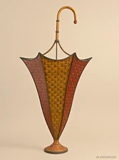 Metal Umbrella Stand – Woven Basket Red Yellow Cane - Vintage Functional MCM 30”