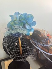 Kentucky Derby Style Fascinator Headband - Blue Flower and Dark Feathers
