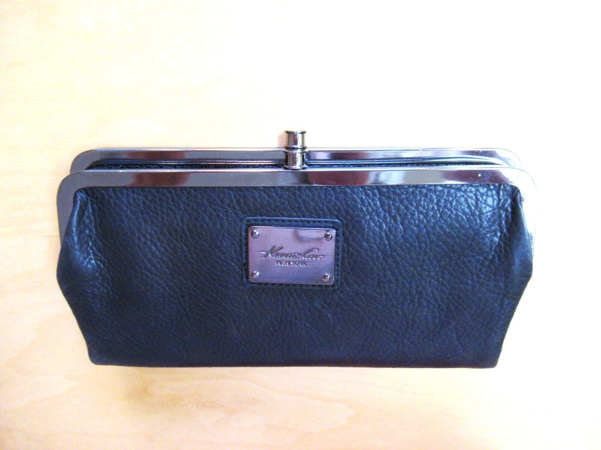 Kenneth Cole Double Clutch Wallet Black Leather Leopard Fabric Inside Magnetic