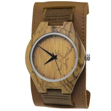 Holzwerk KEMBERG breite Damen & Herren Leder & Holz Uhr mit Hirsch Logo, braun