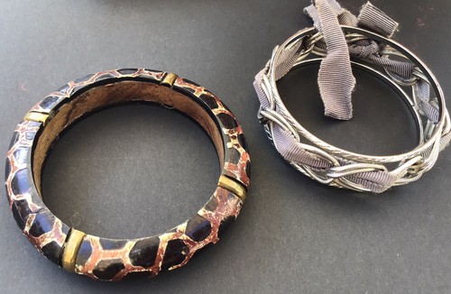 2 Bangles, Animal Print And Silver Tone, Wood And Metal Bangles, Boho - Picture 2 of 6