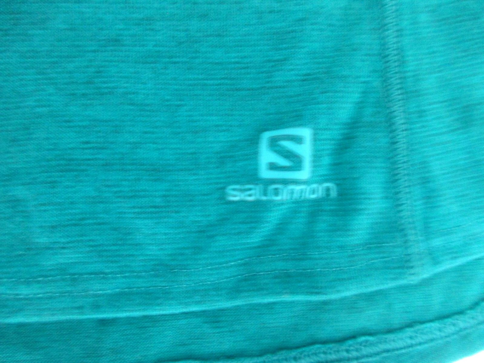 T shirt Salomon donna taglia LG V collo abbigliamento sportivo magliette turchesi tasca posteriore lato