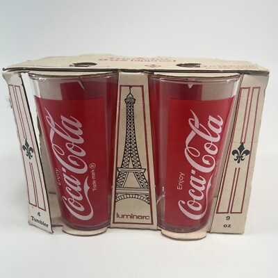 Vtg 1950's Coke Coca-Cola 9oz Glass Tumbler Set 4 Eiffel Tower France JG Durand