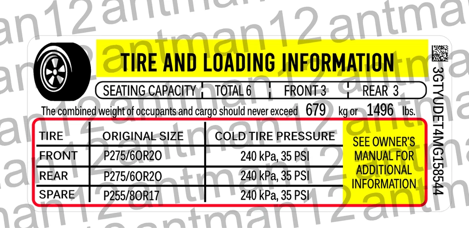通用雪佛兰福特克莱斯勒轮胎装载信息 VIN# 号码贴花标签 3M — 第 2/4 张图片