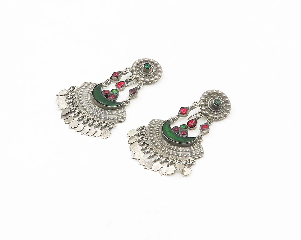 925 Sterling Silver  Vintage Red & Green Topaz Chandelier Earrings  EG9432 - Image 2 of 4