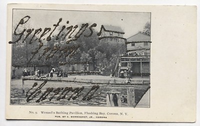NY Postcard Corona Queens Wenzel's Bathing Pavilion Flushing Bay w/glitter 