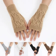 Ladies Winter Braided Knitted Crochet Arm Warmer Mittens Long Fingerless Gloves.
