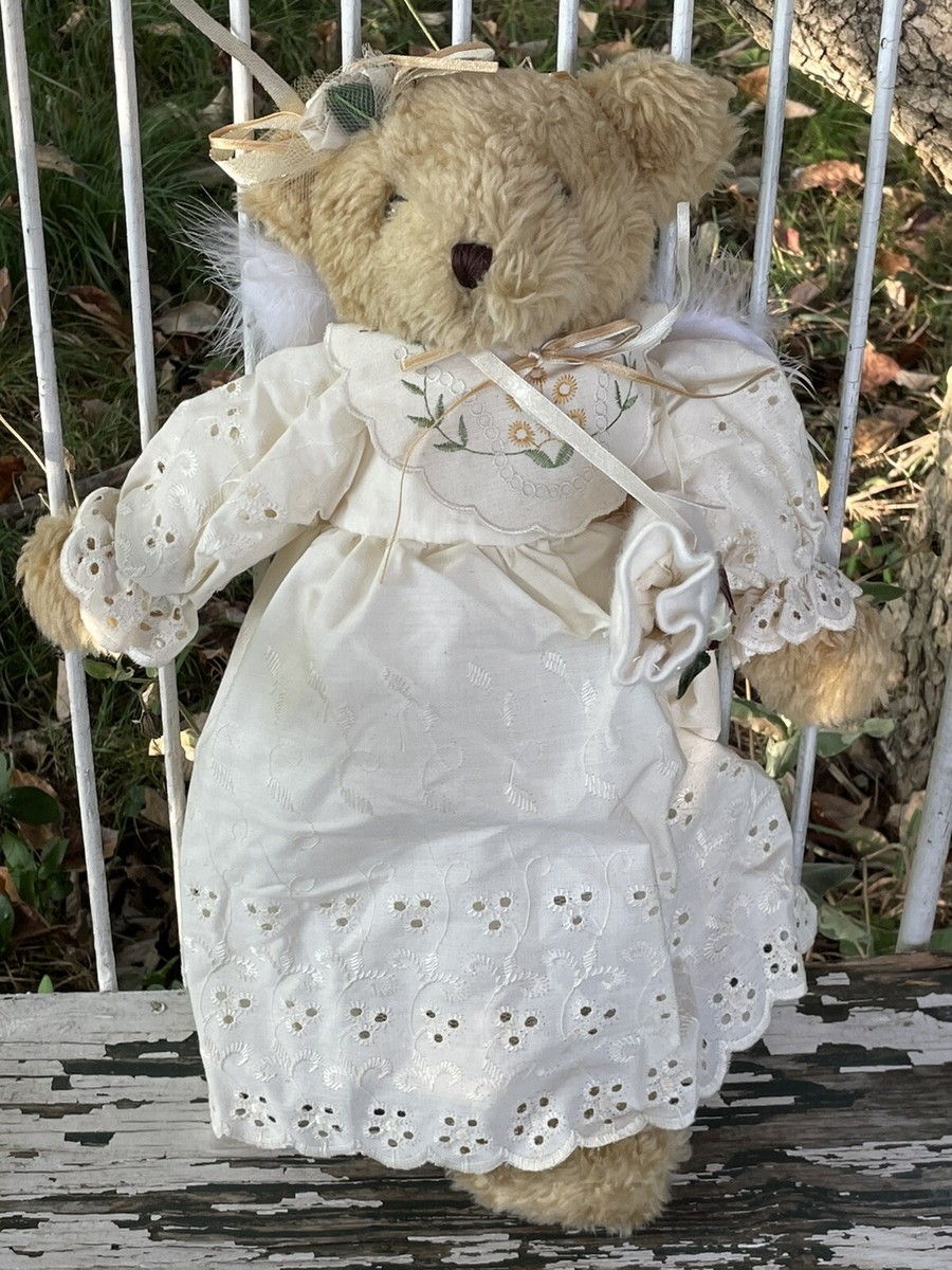 VINTAGE Teddy Bear Plush Angel Golden Feather Wings 16