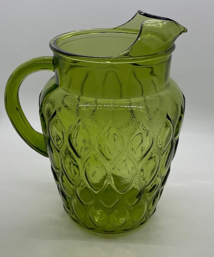 Vintage 1970s Anchor Hocking 72 oz Green Glass Water Pitcher with Ice Lip