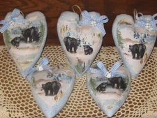 Blue Christmas 5 Appliqued Black Bear Hearts Bowl Fillers Ornaments Handmade