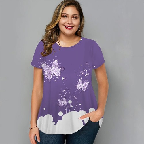 Womens Floral Print Loose Fit T-Shirt Summer Casual Short Sleeve Blouse Top - Picture 23 of 55