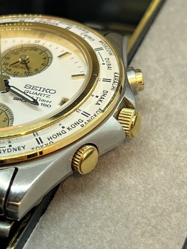 Seiko Watch World Time Sports 150 White Dial Two Tone Quartz 5T52 6A50 Vintage - Picture 5 of 24
