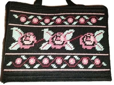 Vintage Needle Point Black Tote with Pink Roses. 1 Zip Inside Pocket 14x11inch