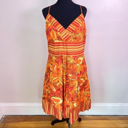 Sandra Darren Sundress 16 Orange Tropical Floral Cotton V-Neck Midi Summer