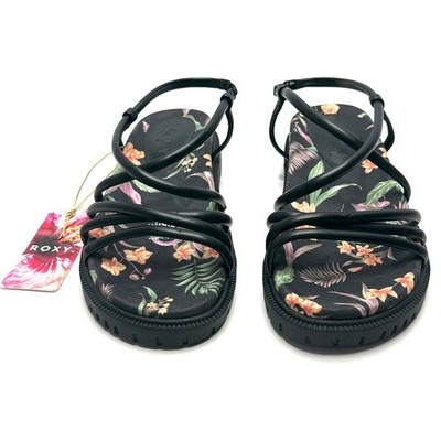 Roxy Women's Brooke Strappy Sandals Black Graphic Island Floral Size 8 NWT