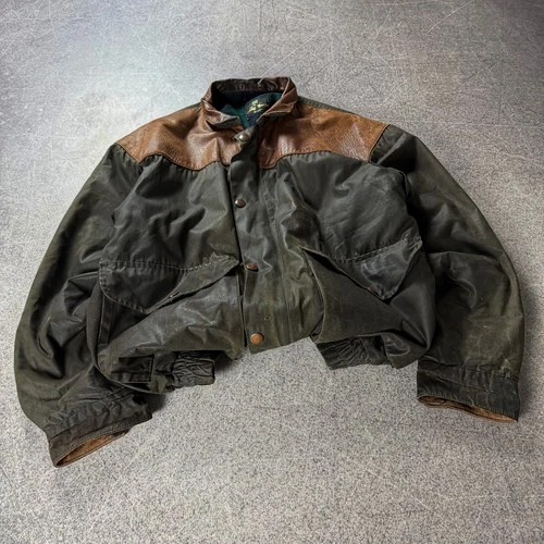 Vintage UK Waxed Field Jacket Leather Shoulder Panels Plaid Lined British Coat - product listing photo