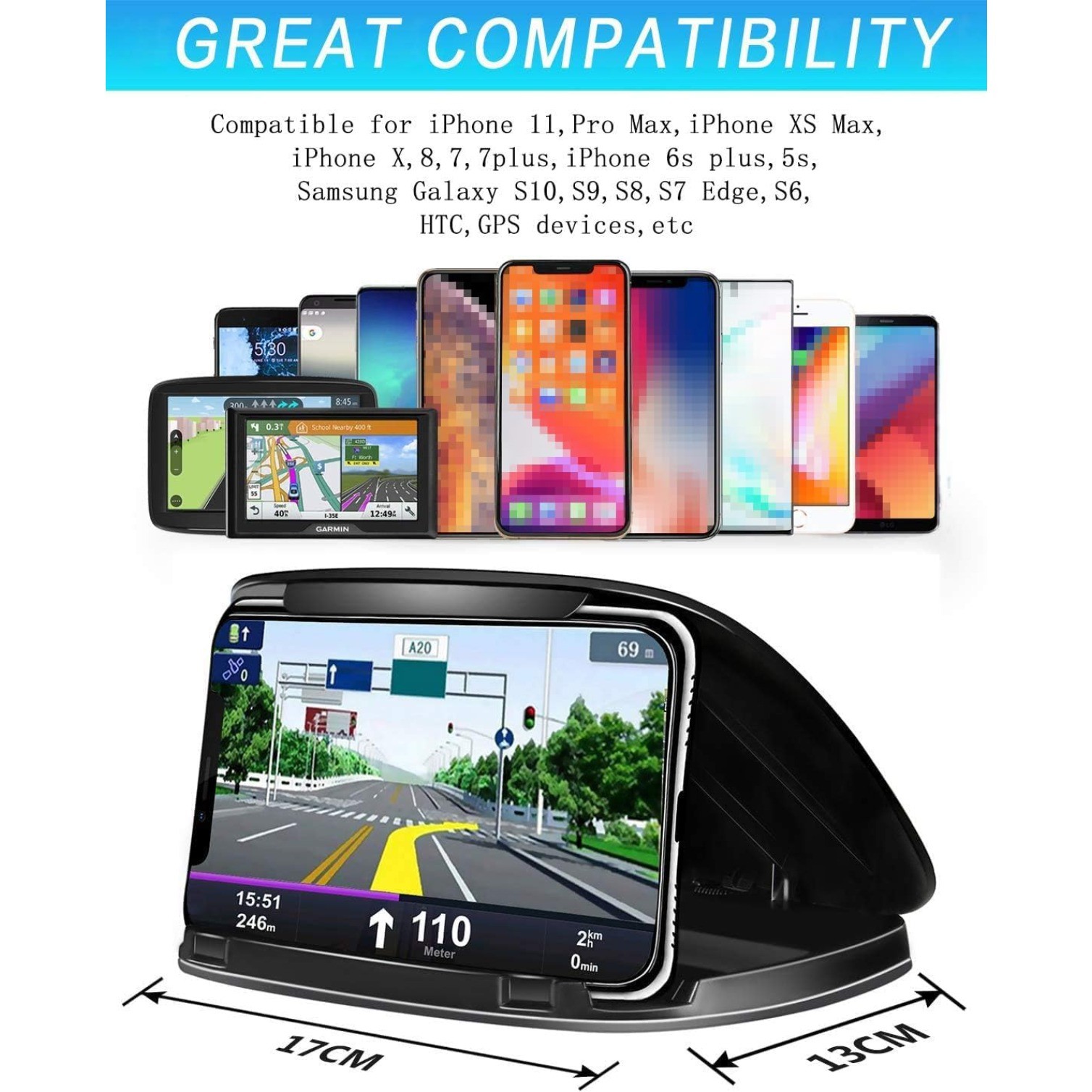 Mobile Phone Holder for Car with Non-Slip for All 3-6.8 Inch Devices for iPhone