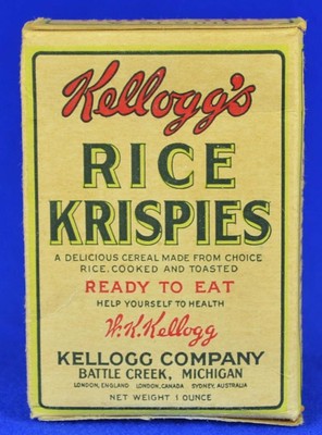 RARE KELLOGGS RICE KRISPIES READY TO EAT FREE SAMPLE BOX 1OZ-c1930 WITH PRODUCT