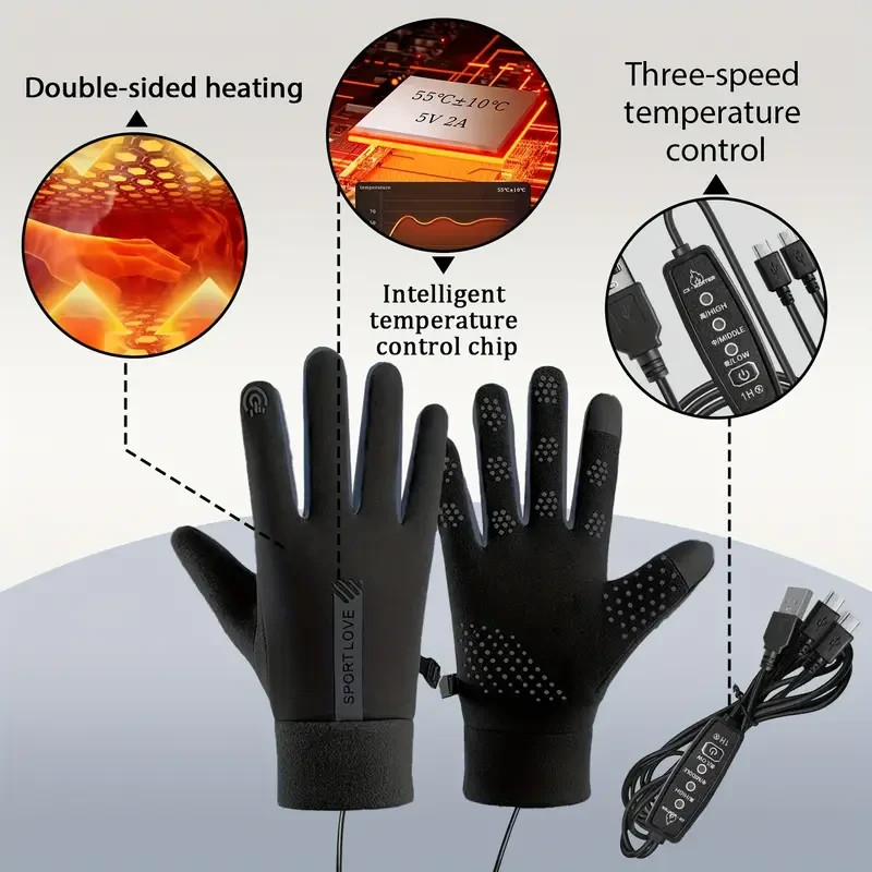 Gants chauffants USB d'hiver avec contrôle de température intelligent à 3 niveaux noirs M