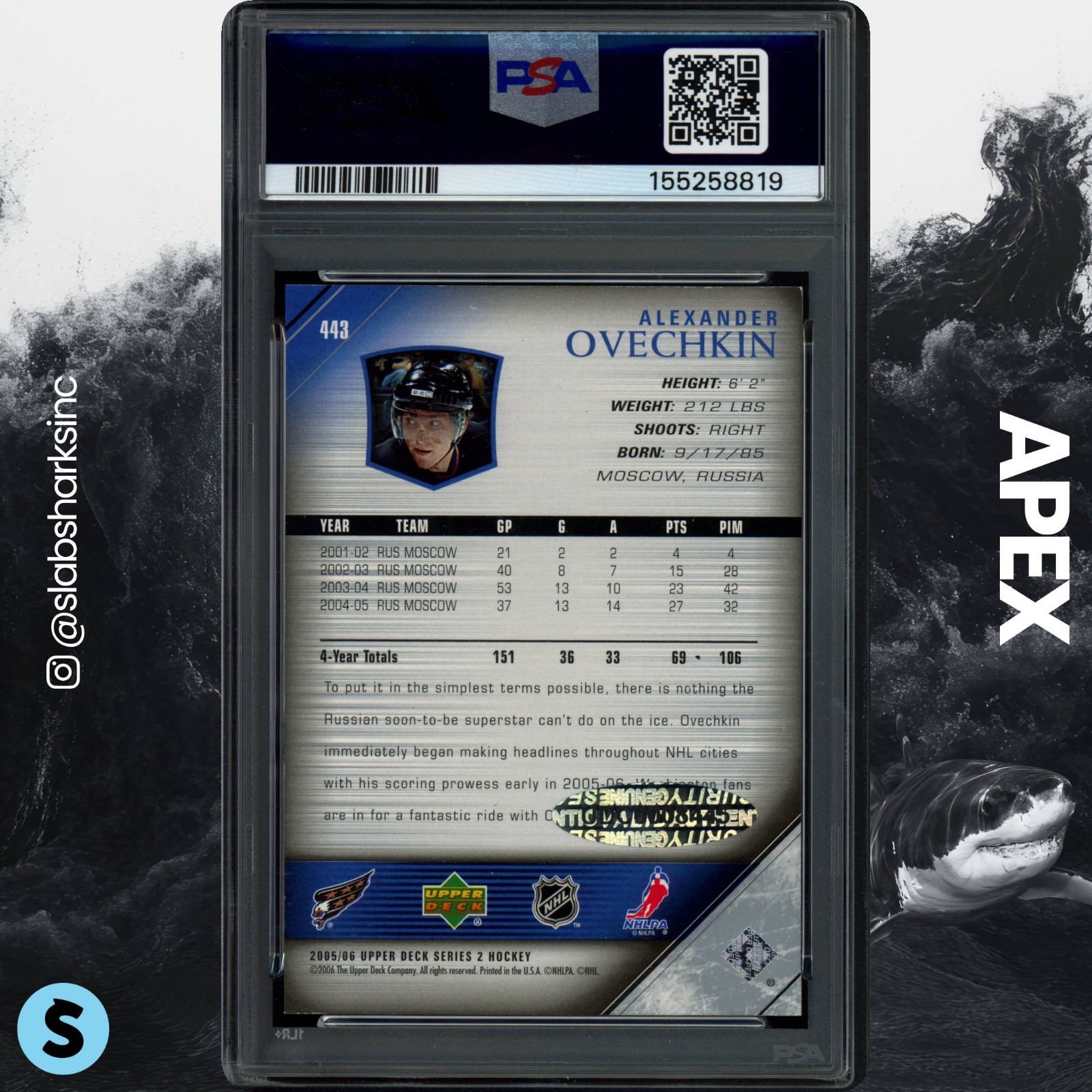 2024 UPPER DECK #443 ALEXANDER OVECHKIN '05 YOUNG GUNS BUYBACK AUTO RC /8 PSA 7 view 2