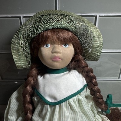 Vintage 1985 DOLLS BY PAULINE 18'' Cloth Doll green wicker hat & striped dress