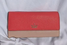 Kate Spade Slim Bifold Envelope Style Wallet Clutch Red/Orange? Beige Gold