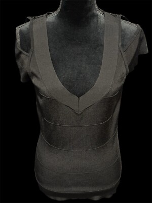 Vintage Cache Black Bodycon Fitted Cut Out Shoulder Women s Top Size Large