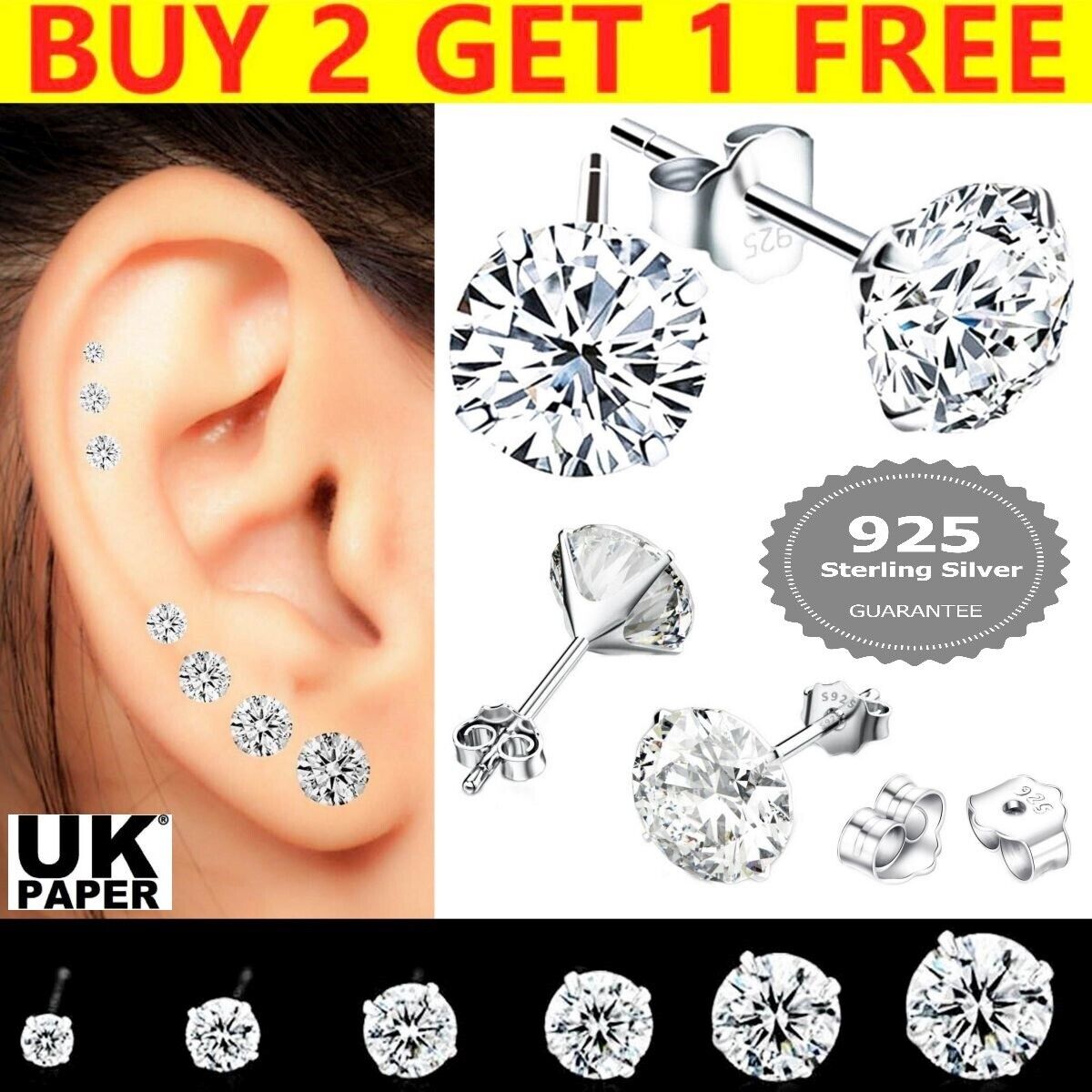Genuine 925 Sterling Silver Cubic Zirconia Stud Earrings Small Round CZ Set Pack