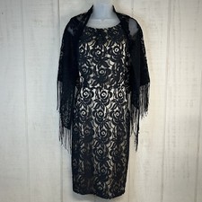 Nine West Womens Lace Midi Dress Fringe Wrap Sz 10 Sleeveless Pocket Black Gold