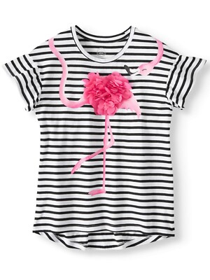 Wonder Nation Girls 3D Embellished T Shirt L PLUS 10-12 Black Stripe Flamingo