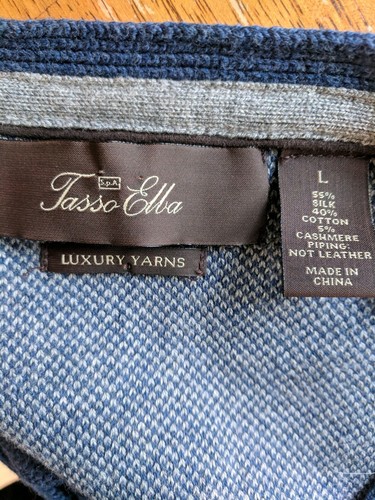 Suéter de hilo de lujo Tasso Elba ~ L ~ mezcla seda/algodón/cachemira ~ cuello en V azul texturizado - Imagen 5 de 5