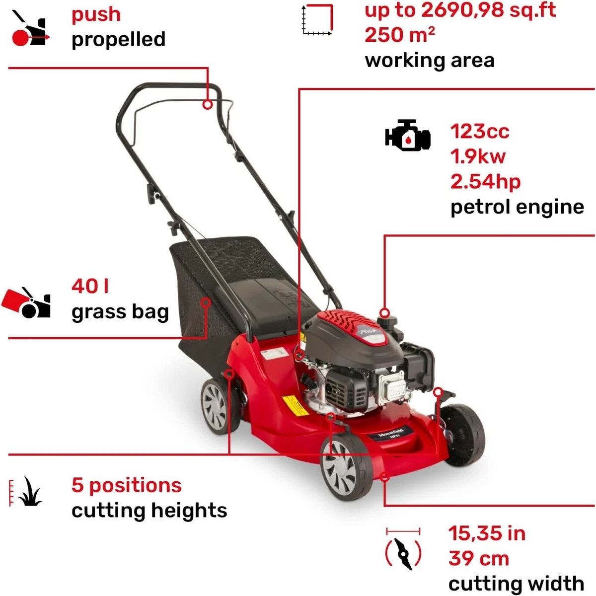 Mountfield HP41 Petrol Lawnmower Hand propelled 39cm cutting