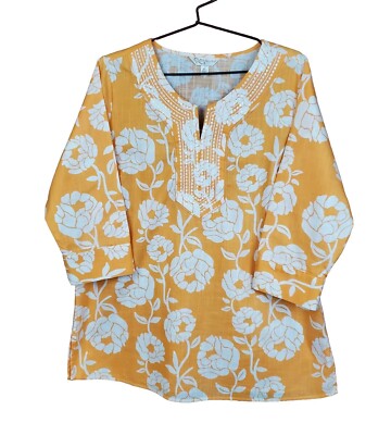 KRAZY KAT 3/4 Sleeve V-Neck Tunic Top Orange White Floral Embroidery Sequins XL