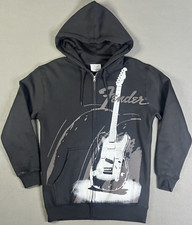 Vintage Fender Guitar Hoodie Y2K Full Zip Black Size S AOP Graphic Rock & Roll