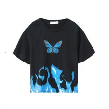 Damen Schmetterling Bedrucktes Bauchfreies Top Shrot Ärmel Punk Retro