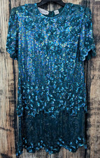 VTG Laurence Kazar 100 Silk Dress Petite M Green Beaded Sequins Cocktail Formal