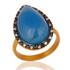 Aqua Blue Chalcedony Gemstone 18K Gold Plated Sterling Silver Ring With CZ