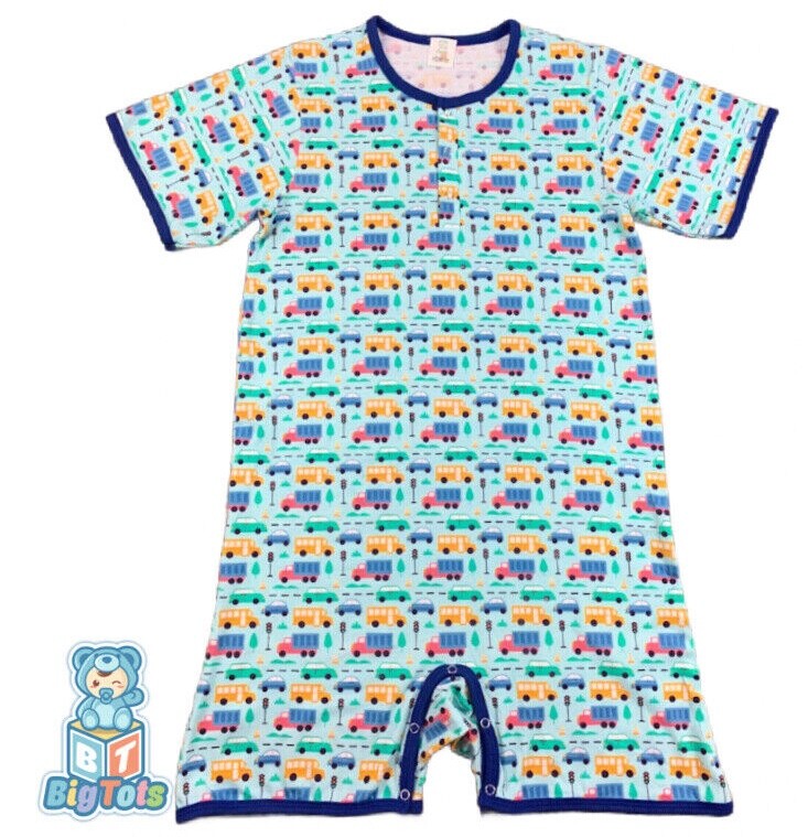 Adult snap crotch romper Baby Trucks and Cars print