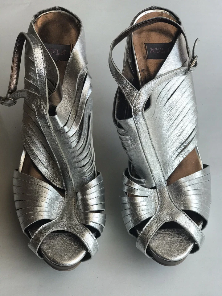 N.Y.L.A. WMS 9.5 Bande Silver Leather Upper Ankle Strap High Heel Sandals Used - Image 2 of 4