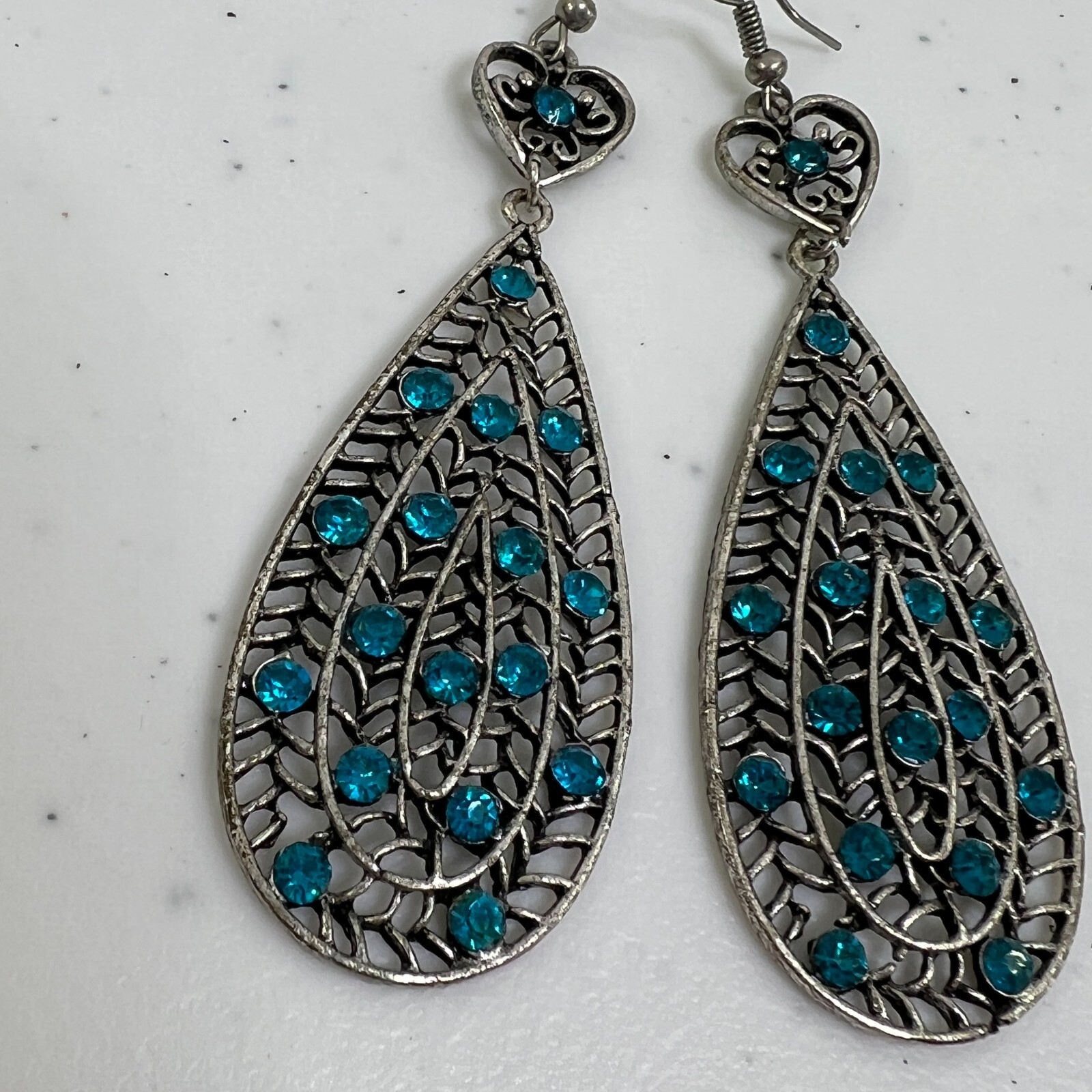 Rhinestone Earrings Statement Blue Silver Tone Da… - image 2