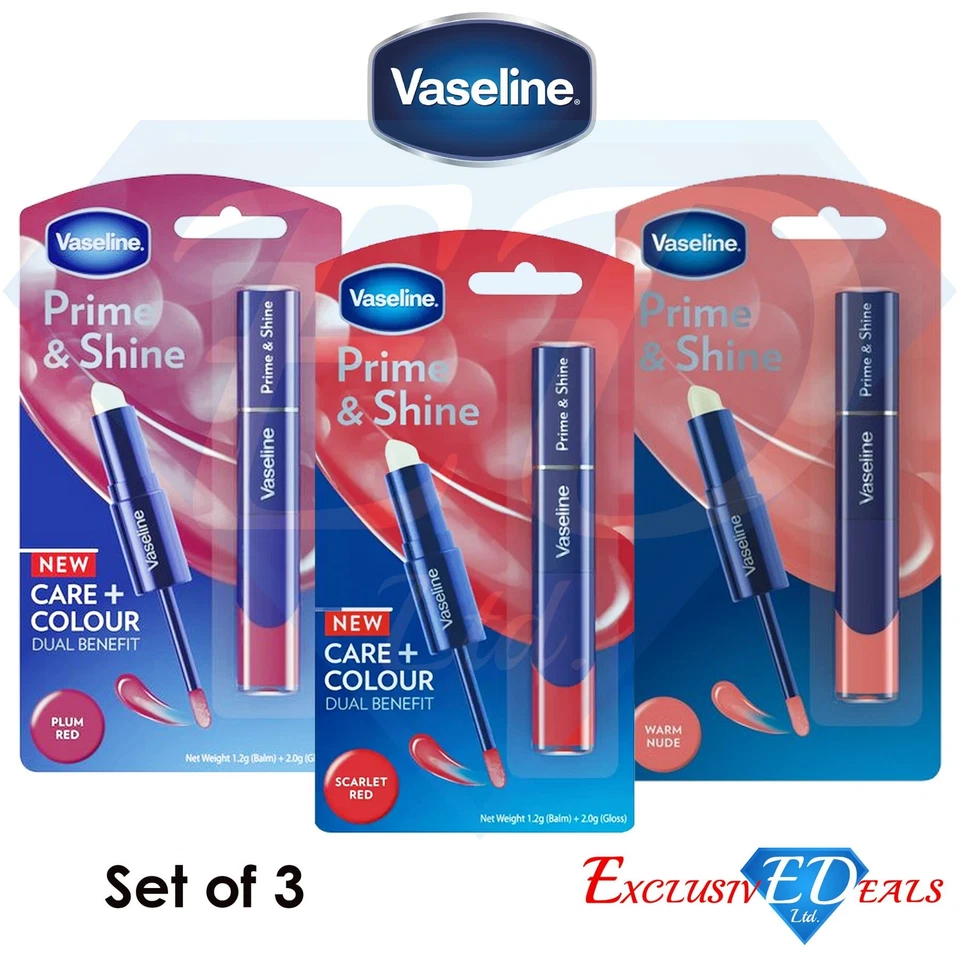Set of 3 Vaseline Prime & Shine Care & Colour Dual Benefit Lip Balm & Gloss